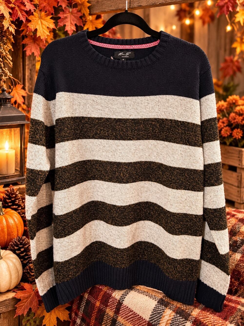 Kian D Los Angeles Striped Knit Sweater Women’s XL Navy Cream Olive NWT